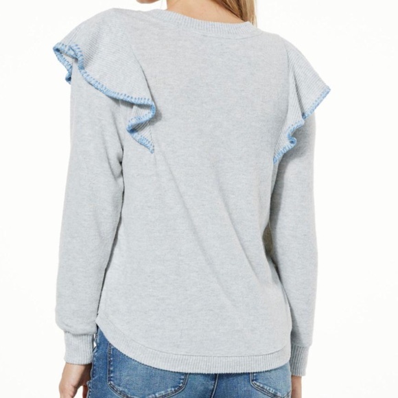 Heather Off-White/Tan.- Democracy Brushed LT WT Sweater Knit Ruffled Top PLUS 1X - Picture 2 of 2